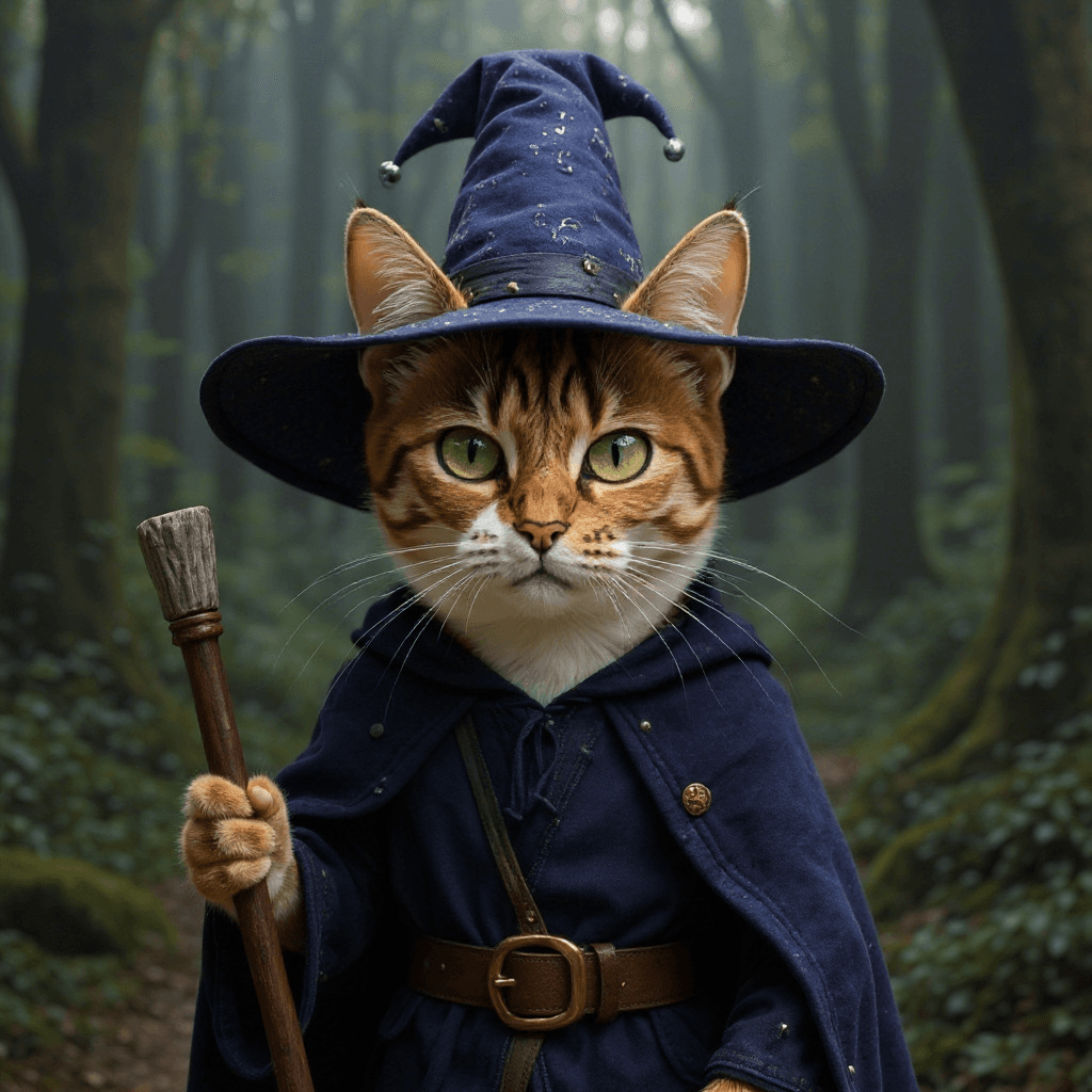Flux Kontext Prompt - a cat dressed as a wizard with a background of a mystic forest.
