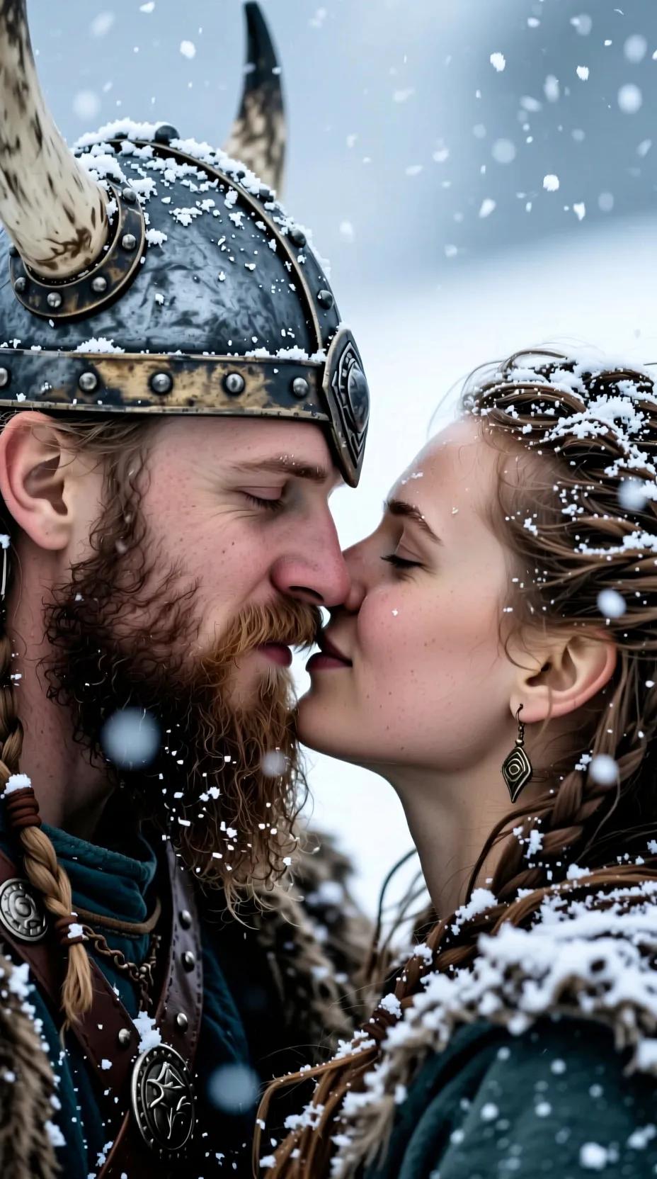 Qwen Image Intimate close-up of a viking while it's snowing