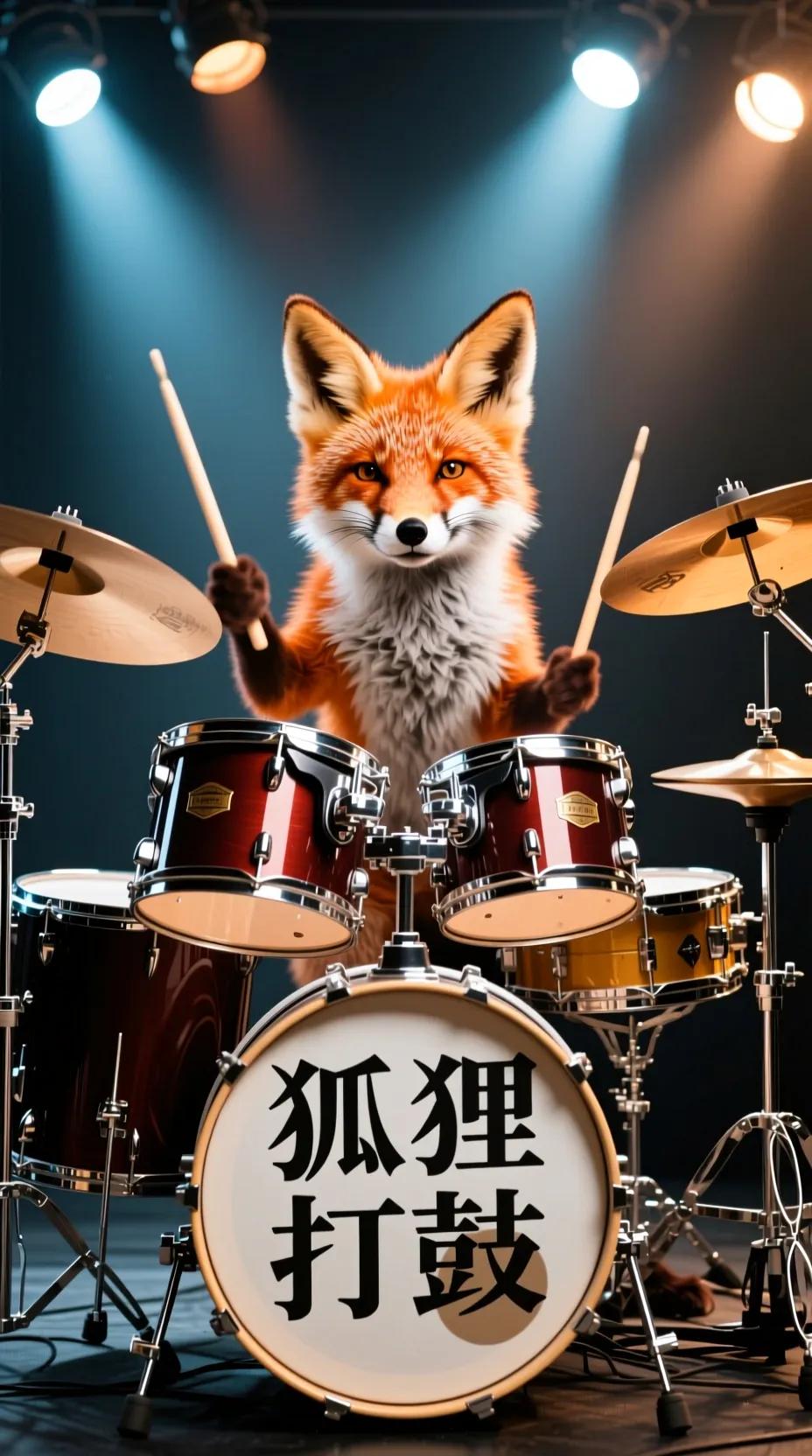 Qwen Image a fox playing the drums
